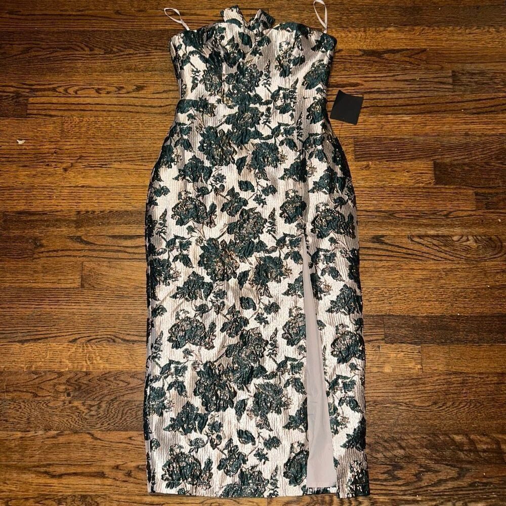 Lulu's Ivory Midi Dress with Green Floral Embroidery